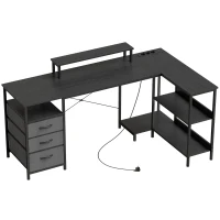 HOMCOM L-vormig bureau, omkeerbaar hoekbureau met lades en planken, 170 cm, zwart(m-1)