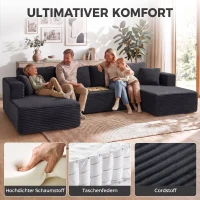 HOMCOM Modulaire U-bank met 2 chaise longues, corduroy slaapbank met schuim met hoge dichtheid en veerondersteuning, donkergrijs(m-5)