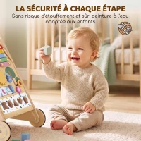 AIYAPLAY Trotteur Bebe en Bois, Chariot de Marche Bébé avec Centre d'Activités, Vitesse Réglable et 5 Blocs, dès 18 Mois, Naturel(m-7)