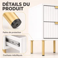 HOMCOM Table de chevet, table de nuit cannelée avec 2 tiroirs et pieds en acier, pour chambre à coucher, salon, blanc(m-7)