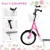 HOMCOM Kids Scooter, Kick Stunt Scooter with Adjustable Handlebar, Dual Brakes, Basket, Cupholder, Mudguard, 16" Inflatable Rubber Wheels, for 5-12 years, Pink(m-6)
