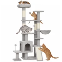 PawHut Arbre à Chat 5 niveaux 152cm, Niche, Hamac, Plateforme, Poteaux à Griffer, Balles Suspendues, Gris Clair(m-18)
