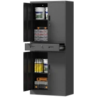 HOMCOM Metalen kast 180 cm, gereedschapskast met afsluitbare deuren, lade en verstelbare planken, zwart(m-15)