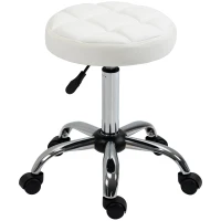 HOMCOM Sgabello Girevole Rotondo con Ruote, Altezza Regolabile e Rivestimento in Finta Pelle, Bianco(m-11)