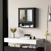 kleankin Armario de Baño con Espejo Armario de Pared con 2 Puertas Estante Abierto Estante Ajustable 56x13x58cm Negro(m-10)