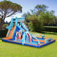 Outsunny 6 in 1 Shark-Themed Bouncy Castle, Inflatable Water Park, with Slide, Pool, Trampoline, Blower, for Ages 3-8 Years(m-10)
