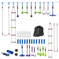 AIYAPLAY 10-Piece Zip Line Kit for Kids with 10m Slackline, Monkey Bars, Swing, Climbing Ladder, Hanging Tray, Metal Rings(m-11)