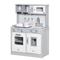 HOMCOM Kids Wooden Toy Kitchen Pretend Play Cooking Playset w/ Sound & Light Effect, Battery Operated Cooktop, Ice Machine, Marble Pattern Countertop, for 3-6 Years Old(m-10)