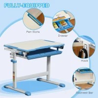 HOMCOM Kids Desk and Chair Set, Height Adjustable Student Writing Desk, Children School Study Table with Tiltable Desktop, Drawer, Pen Slot, Hook - Blue(m-5)