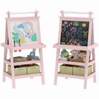 AIYAPLAY Șevalet pentru Copii 3 în 1 cu Tablă, Sul de Hârtie și 2 Containere, din Lemn, 59x48x118 cm, Roz(m-11)