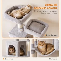 PawHut Árbol Rascador para Gatos 204 cm Multinivel con 2 Cuevas Hamaca 2 Camas Postes de Sisal Escalera y 2 Bolas Gris Claro(m-5)