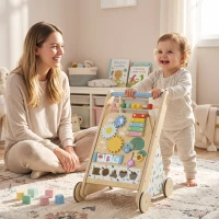 AIYAPLAY Trotteur Bebe en Bois, Chariot de Marche Bébé avec Centre d'Activités, Vitesse Réglable et 5 Blocs, dès 18 Mois, Naturel(m-16)