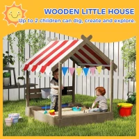 Outsunny House-Designed Wooden Sandbox, Outdoor Sandpit, with Blackboard, Toys, Sink, Seats, Flags, for Ages 3-7 Years - Grey(m-5)