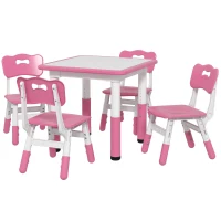 AIYAPLAY Set Tavolo e Sedie per Bambini 5pz con 4 Sedie Regolabili 32x36x52.5-56 cm e Tavolo 60x60x46-58 cm, Rosa(m-1)
