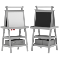 AIYAPLAY 3 in 1 Kids Easel Double-Sided Magnetic Whiteboard and Chalkboard with Paper Roll, Storage Baskets - Grey