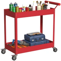 DURHAND Chariot d'atelier servante atelier à 2 niveaux, poignée latérale et roulettes verrouillables, 84,5x38x84cm, rouge(m-11)