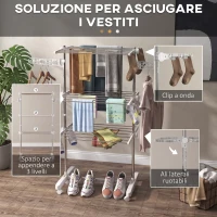 HOMCOM Stendino Verticale Pieghevole in Acciaio e Plastica con 6 Ruote e 3 Ripiani Regolabili, 142x55x172 cm(m-5)