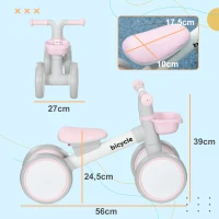 AIYAPLAY Bicicleta sin Pedales para Niños de 12-36 Meses con Asiento Ajustable Cesta y 4 Ruedas Silenciosas 56x27x39 cm Rosa(m-3)