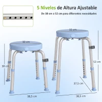 HOMCOM Taburete de Ducha Giratorio 360° Taburete Ducha con Marco de Aluminio y Altura Regulable en 5 Niveles Azul Claro(m-3)