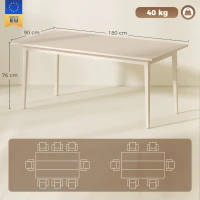 HOMCOM Eettafel voor 8 personen, moderne keukentafel met massiefhouten poten, 180 cm, crème(m-3)