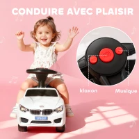 HOMCOM Porteur enfants voiture, véhicule à pousser avec coffre à jouets, klaxon, phares et musique, 63,5 x 28 x 36 cm, blanc(m-9)