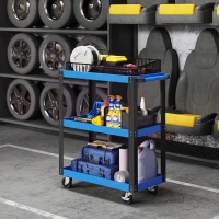 HOMCOM Cărucior pentru scule cu 3 rafturi, roți și mânere pentru garaj, mecanic, casă, sarcină 120 kg, albastru și negru(m-6)