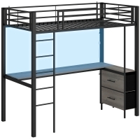 HOMCOM Metal Bunk Bed with Desk, High Sleeper Bed with LED Light and Safety Guardrail for Teens Adults, No Box Spring Needed