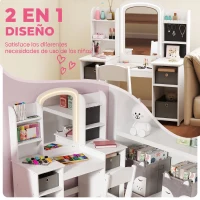 AIYAPLAY Tocador Infantil con Espejo con Luz Taburete Cajones de Tela Ganchos para Joyas y Estantes para 3 a 8 Años Blanco(m-4)