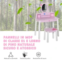 HOMCOM Toeletta per Bambine 3+ Anni in Legno, Set Tavolo da Trucco Giocattolo con Specchio e Sgabello, Rosa(m-7)