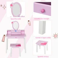 HOMCOM Toeletta per Bambine 3+ Anni in Legno, Set Tavolo da Trucco Giocattolo con Specchio e Sgabello, Rosa(m-4)
