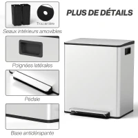 HOMCOM Poubelle de cuisine 2 compartiments de 2 x 25L, acier inoxydable, couvercle à fermeture douce, 47,7x37,5x56cm, argent(m-7)