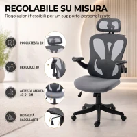 HOMCOM Sedia da Ufficio Ergonomica con Braccioli Ribaltabili, Poggiatesta e Appendiabiti, Grigio Scuro(m-4)