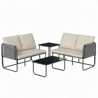 Outsunny Conjunto Jardín Exterior de 4 Piezas con 2 Sofás 2 Plazas 2 Mesas de Vidrio Cojines Fundas Extraíbles y Bolsillos Caqui(m-1)