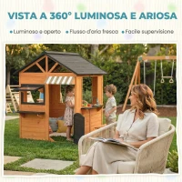AIYAPLAY Casetta da Giardino per Bambini in Legno di Abete con Snack Bar, Finestre, Mezza Porta, Panca e Tetto Marrone(m-5)