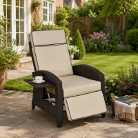 Outsunny Outdoor Recliner Chair with Adjustable Backrest and Footrest, Cushion, Side Tray, Khaki/Brown(m-2)