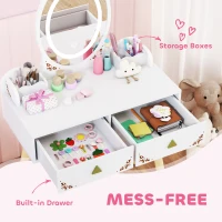 AIYAPLAY Kids Vanity Table and Chair Set with 3-Colour LED Lights Mirror, Drawer, Storage Boxes, for 3+ Years, White(m-6)