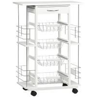 HOMCOM Chariot de service desserte de cuisine à roulettes multi-rangements 4 paniers métal tiroir + 4 range-bouteilles bois pin plateau carrelé blanc(m-1)
