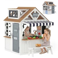 AIYAPLAY Cabane enfant extérieur en bois, maison enfant extérieure avec chatière, ustensiles de cuisine, banc et sonnette, blanc(m-12)