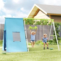 AIYAPLAY Columpio Infantil 3 en 1 con Tienda Anillas y Altura Ajustable para Niños de 3-8 Años Estructura Metálica 283x180x182 cm(m-2)