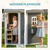 Outsunny Wooden Playhouse for Kids with Doors, Windows, Plant Box, Floors, for Ages 3-8 Years, for Gardens, Lawns, Patios - Grey(m-5)
