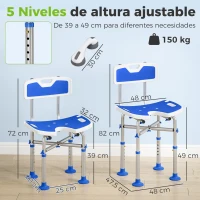 HOMCOM Silla Ducha Personas Mayores Antideslizante con Respaldo Altura Ajustable Soporte para Alcachofa Carga 150 kg Azul(m-3)