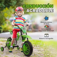 HOMCOM Moto Eléctrica para Niños de +3 Años 12V Moto de Juguete Infantil con 2 Ruedas de Equilibrio Velocidad 3-8 km/h Arranque Suave 106,5x51,5x68 cm Verde(m-4)