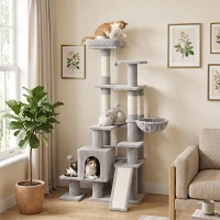 PawHut Arbre à Chat 5 niveaux 152cm, Niche, Hamac, Plateforme, Poteaux à Griffer, Balles Suspendues, Gris Clair(m-17)