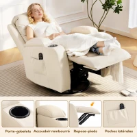 HOMCOM Fauteuil inclinable de massage et chauffage, fauteuil de relaxation, dossier réglable, pivotant 360°, 82x99x103cm, crème(m-7)