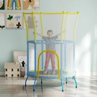 AIYAPLAY Trampolín Infantil de Interior con Red de Seguridad Cuerdas Elásticas y Barras Acolchadas 3-6 Años Ø140x190cm Azul Claro(m-2)