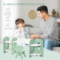 HOMCOM Juego de Mesa y Silla para Niños Pupitre Infantil 2 en 1 con 4 Estantes de Almacenaje para Libros Juguetes 150x35x62,5 cm Verde y Blanco(m-4)