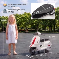 AIYAPLAY Motocicletă Electrică pentru Copii cu Licență Vespa, Baterie Reîncărcabilă 6V, Roți Ajutătoare și Lumini, 2-4 Ani, Albă(m-3)