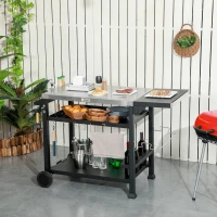 Outsunny Chariot pour barbecue plancha avec plateau en inox, multi-équipements, 6 crochets, tablette rabattable, 2 roulettes(m-10)