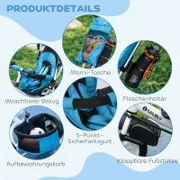 HOMCOM Kinderdriewieler, Kinderfiets, Achtermand, Bekerhouder, Zonnedak, Metaal, Blauw(m-7)