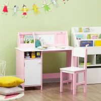 HOMCOM Escritorio Infantil de Madera con Silla y Mesa con Organizador y Pizarra Blanca para +5 Años 90x45x85 cm Rosa(m-10)